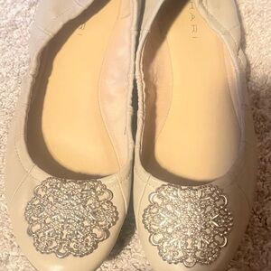 Tahari Beige Flats with Intricate Silver Detail